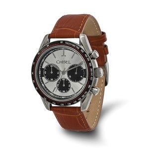 Mens Chisel Stainless Steel Brown Leather Chronograph Wrist Watch, 8.75" Length